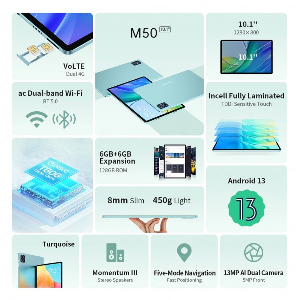 TECLAST tablet M50, 10.1" HD, 6/128GB, Android 13, 4G, 6000mAh, μπλε TECLAST tablet M50, 10.1" HD, 6/128GB, Android 13, 4G, 6000mAh, μπλε