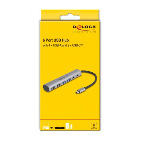 DELOCK USB hub 64232, 6x θυρών, 10Gbps, USB-C σύνδεση, γκρι DELOCK USB hub 64232, 6x θυρών, 10Gbps, USB-C σύνδεση, γκρι