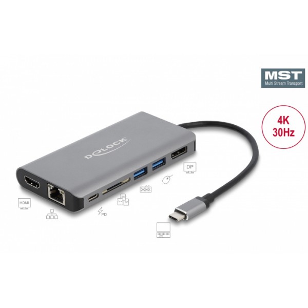 DELOCK docking station 87683, 7 θύρες, USB-C, 100W PD, 4K, MST, γκρι DELOCK docking station 87683, 7 θύρες, USB-C, 100W PD, 4K, MST, γκρι