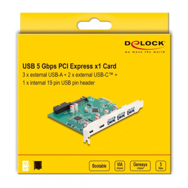 DELOCK κάρτα επέκτασης PCI x1 σε 3x USB/2x USB-C/19-pin 90109, 5Gbps DELOCK κάρτα επέκτασης PCI x1 σε 3x USB/2x USB-C/19-pin 90109, 5Gbps