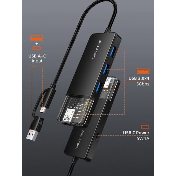CABLETIME USB hub CT-HUBT3-PB, 4x θυρών, 5Gbps, USB/USB-C σύνδεση, μαύρο CABLETIME USB hub CT-HUBT3-PB, 4x θυρών, 5Gbps, USB/USB-C σύνδεση, μαύρο