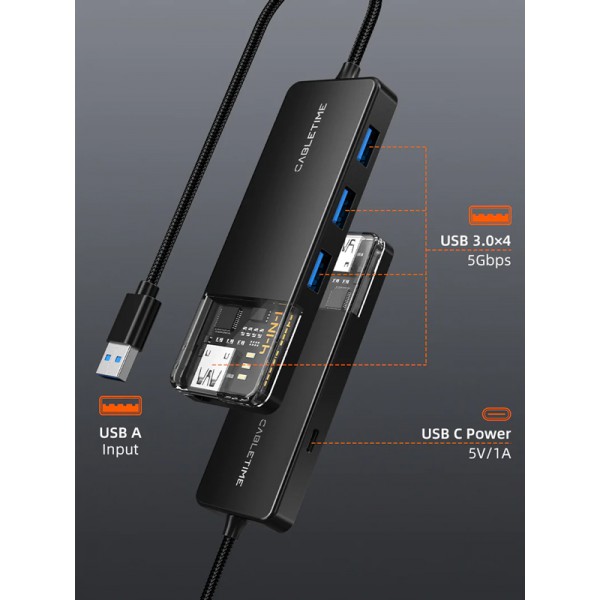 CABLETIME USB hub CT-HUBT2-PB, 4x θυρών, 5Gbps, USB σύνδεση, 1m, μαύρο CABLETIME USB hub CT-HUBT2-PB, 4x θυρών, 5Gbps, USB σύνδεση, 1m, μαύρο