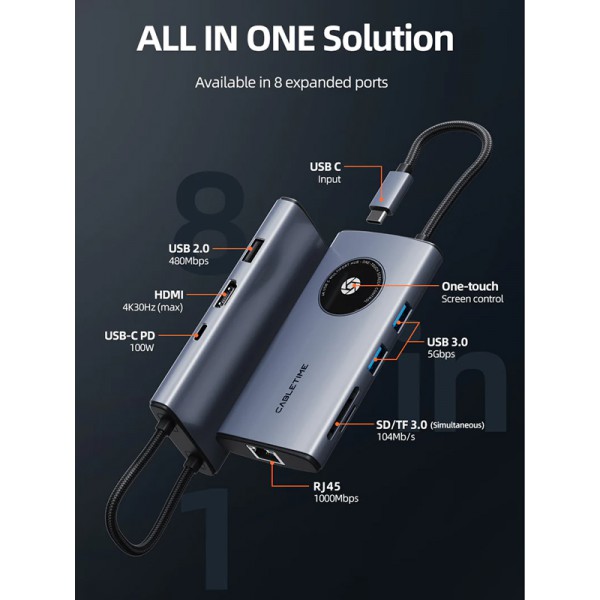 CABLETIME docking station CT-HUBL3-AG, 8 θυρών, USB-C, 4K, 100W, γκρι CABLETIME docking station CT-HUBL3-AG, 8 θυρών, USB-C, 4K, 100W, γκρι