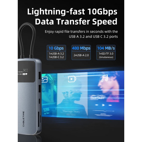CABLETIME docking station CT-HUBD1-AG, 10 θυρών, USB-C, 4K, 100W, γκρι CABLETIME docking station CT-HUBD1-AG, 10 θυρών, USB-C, 4K, 100W, γκρι