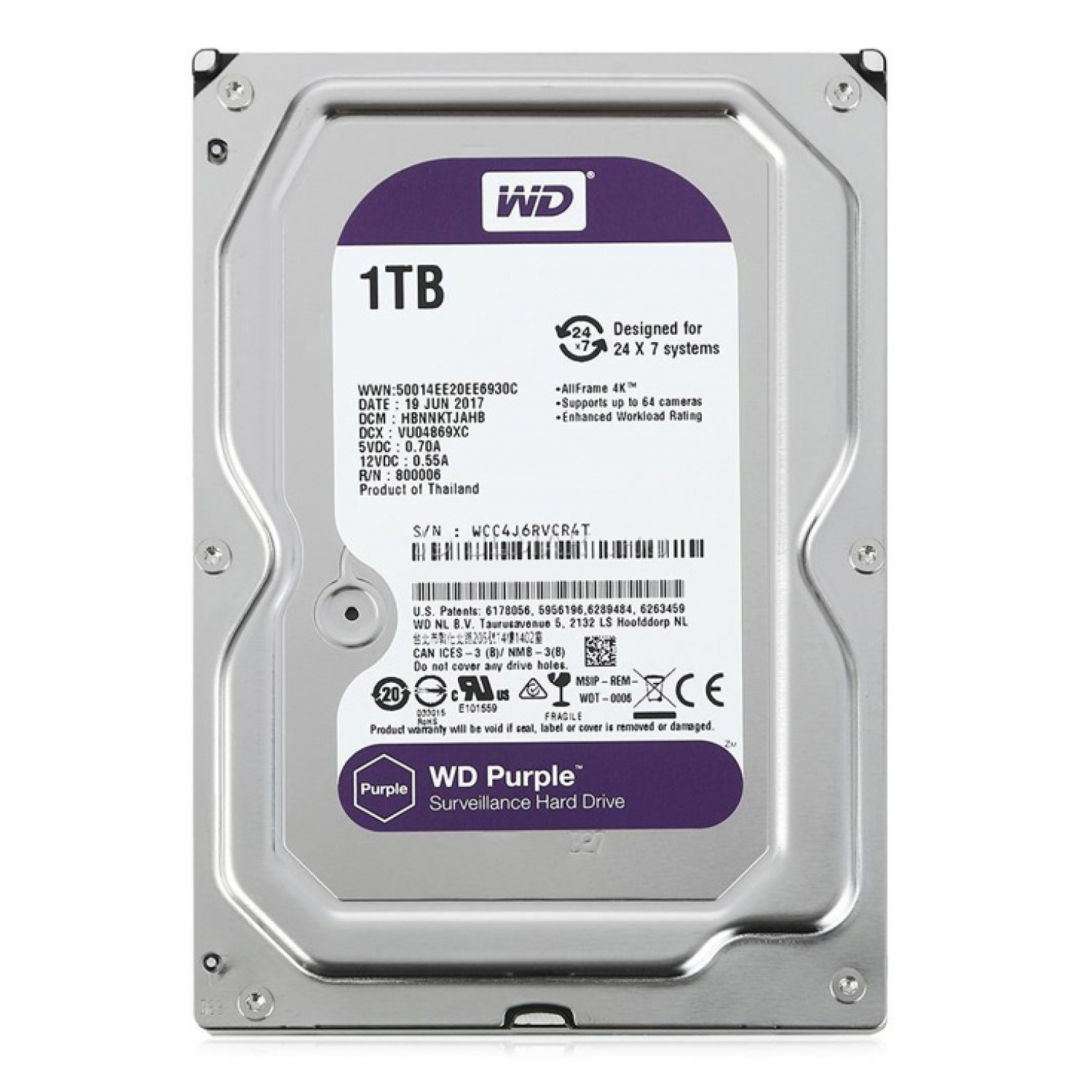 WD σκληρός δίσκος 3.5" Purple Surveillance 1TB, 256MB, 5400RPM, SATA III
