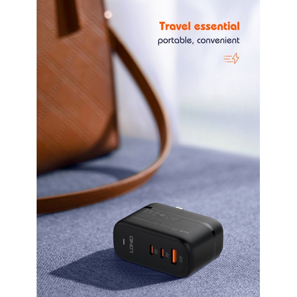 LDNIO φορτιστής τοίχου Q366 με καλώδιο, USB/2x USB-C, 65W, GaN, μαύρος LDNIO φορτιστής τοίχου Q366 με καλώδιο, USB/2x USB-C, 65W, GaN, μαύρος