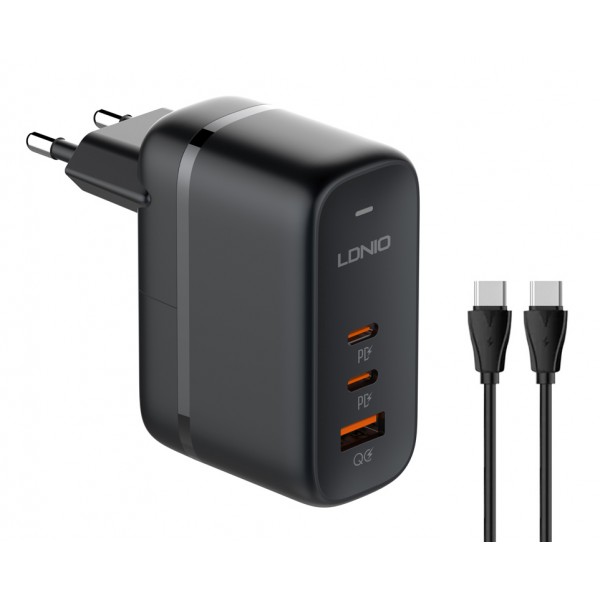 LDNIO φορτιστής τοίχου Q366 με καλώδιο, USB/2x USB-C, 65W, GaN, μαύρος LDNIO φορτιστής τοίχου Q366 με καλώδιο, USB/2x USB-C, 65W, GaN, μαύρος