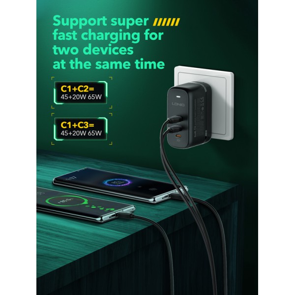 LDNIO φορτιστής τοίχου Q367 με καλώδιο USB-C, 3x USB-C, 65W, GaN, μαύρος LDNIO φορτιστής τοίχου Q367 με καλώδιο USB-C, 3x USB-C, 65W, GaN, μαύρος