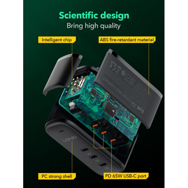LDNIO φορτιστής τοίχου Q367 με καλώδιο USB-C, 3x USB-C, 65W, GaN, μαύρος LDNIO φορτιστής τοίχου Q367 με καλώδιο USB-C, 3x USB-C, 65W, GaN, μαύρος