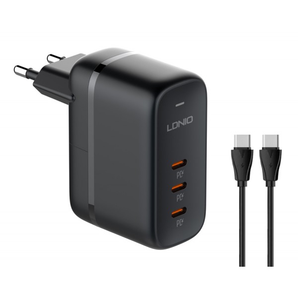 LDNIO φορτιστής τοίχου Q367 με καλώδιο USB-C, 3x USB-C, 65W, GaN, μαύρος LDNIO φορτιστής τοίχου Q367 με καλώδιο USB-C, 3x USB-C, 65W, GaN, μαύρος