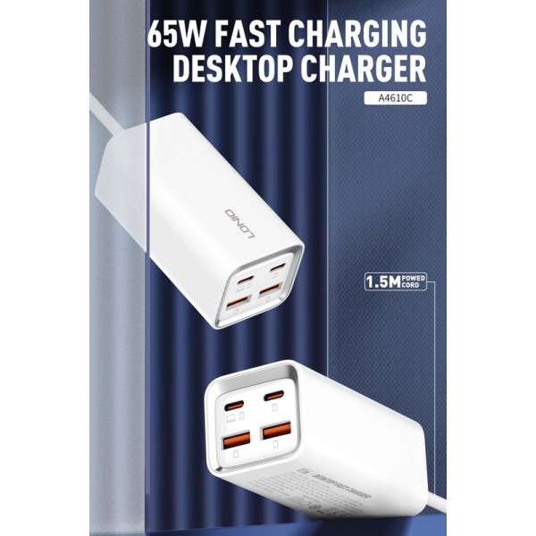 LDNIO σταθμός φόρτισης A4610C, 2x USB-C & 2x USB, 65W, PD/QC, λευκός LDNIO σταθμός φόρτισης A4610C, 2x USB-C & 2x USB, 65W, PD/QC, λευκός