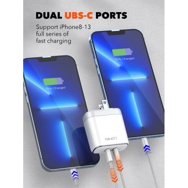 LDNIO φορτιστής τοίχου A2528M με καλώδιο, 2x USB-C, 35W, MFi, λευκό LDNIO φορτιστής τοίχου A2528M με καλώδιο, 2x USB-C, 35W, MFi, λευκό