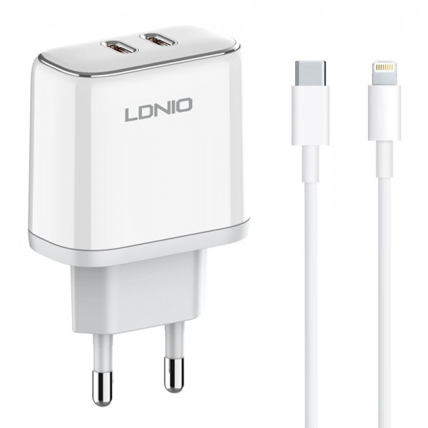 LDNIO φορτιστής τοίχου A2528M με καλώδιο, 2x USB-C, 35W, MFi, λευκό LDNIO φορτιστής τοίχου A2528M με καλώδιο, 2x USB-C, 35W, MFi, λευκό