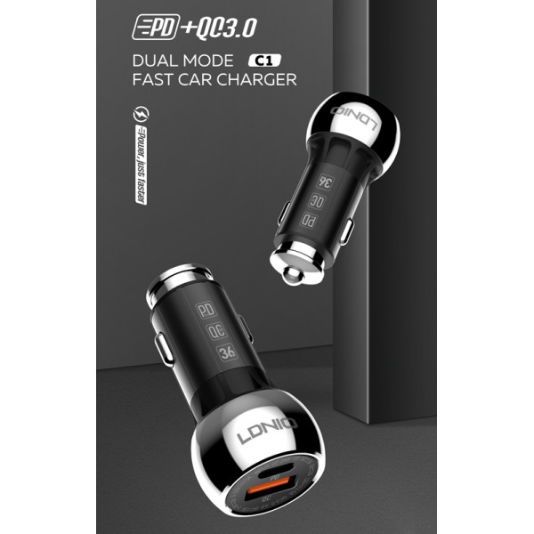 LDNIO φορτιστής αυτοκινήτου C1 με καλώδιο, USB & USB-C, 38W PD, μαύρος LDNIO φορτιστής αυτοκινήτου C1 με καλώδιο, USB & USB-C, 38W PD, μαύρος