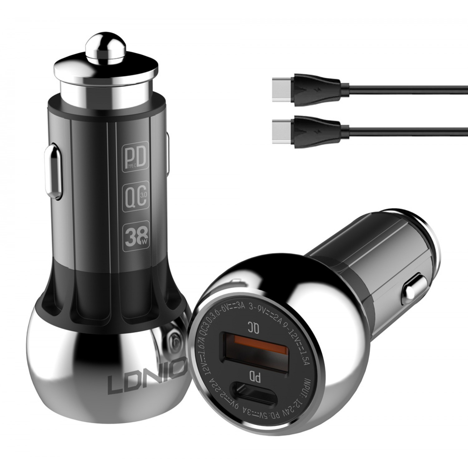 LDNIO φορτιστής αυτοκινήτου C1 με καλώδιο, USB & USB-C, 38W PD, μαύρος LDNIO φορτιστής αυτοκινήτου C1 με καλώδιο, USB & USB-C, 38W PD, μαύρος