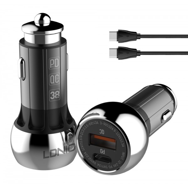 LDNIO φορτιστής αυτοκινήτου C1 με καλώδιο, USB & USB-C, 38W PD, μαύρος LDNIO φορτιστής αυτοκινήτου C1 με καλώδιο, USB & USB-C, 38W PD, μαύρος