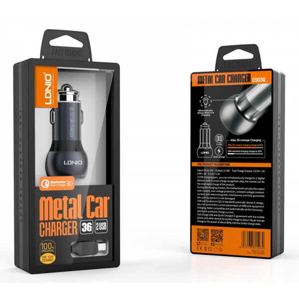 LDNIO φορτιστής αυτοκινήτου C503Q με καλώδιο, 2x USB, 36W, QC, γκρι LDNIO φορτιστής αυτοκινήτου C503Q με καλώδιο, 2x USB, 36W, QC, γκρι