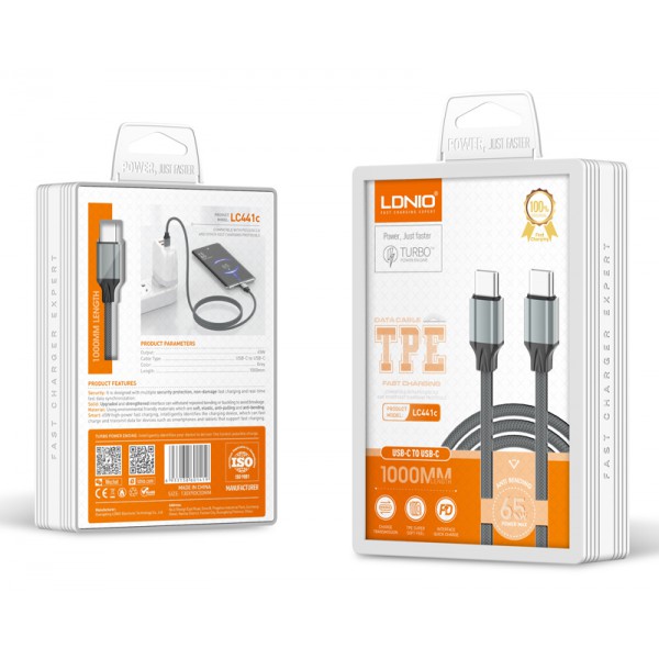 LDNIO καλώδιο USB-C σε USB-C LC441C, 65W PD, 1m, γκρι LDNIO καλώδιο USB-C σε USB-C LC441C, 65W PD, 1m, γκρι