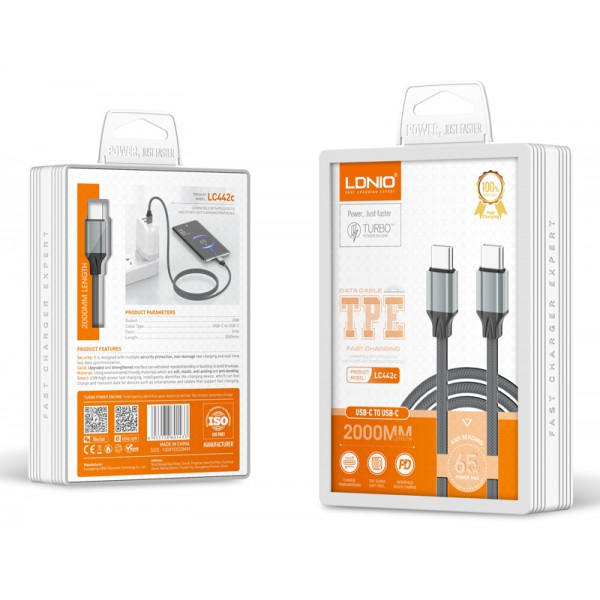 LDNIO καλώδιο USB-C σε USB-C LC442C, 65W PD, 2m, γκρι LDNIO καλώδιο USB-C σε USB-C LC442C, 65W PD, 2m, γκρι