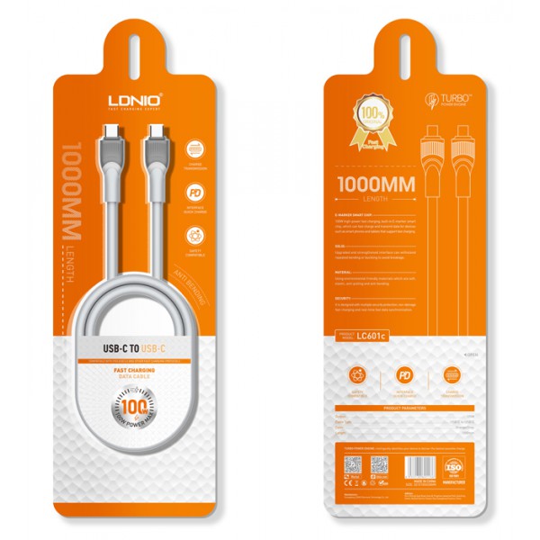 LDNIO καλώδιο USB-C σε USB-C LC601C, 100W PD, 1m, γκρι LDNIO καλώδιο USB-C σε USB-C LC601C, 100W PD, 1m, γκρι