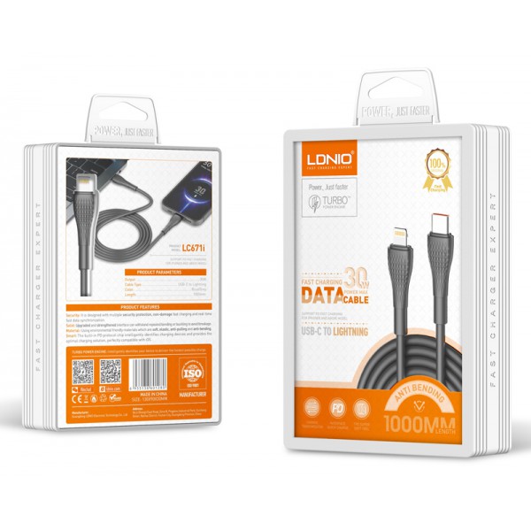 LDNIO καλώδιο Lightning σε USB-C LC671I, 30W PD, 1m, γκρι LDNIO καλώδιο Lightning σε USB-C LC671I, 30W PD, 1m, γκρι