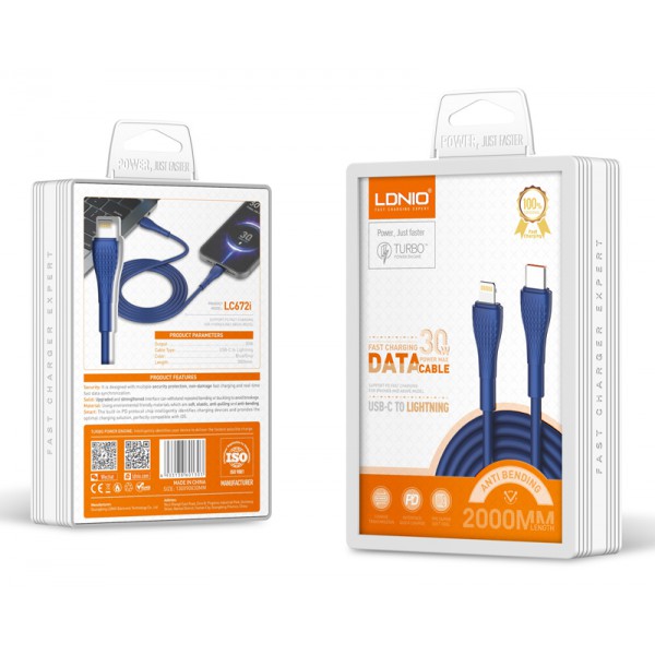 LDNIO καλώδιο Lightning σε USB-C LC672I, 30W PD, 2m, μπλε LDNIO καλώδιο Lightning σε USB-C LC672I, 30W PD, 2m, μπλε