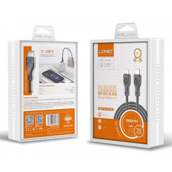 LDNIO καλώδιο Lightning σε USB-C LC811I, 30W PD, 1m, γκρι LDNIO καλώδιο Lightning σε USB-C LC811I, 30W PD, 1m, γκρι