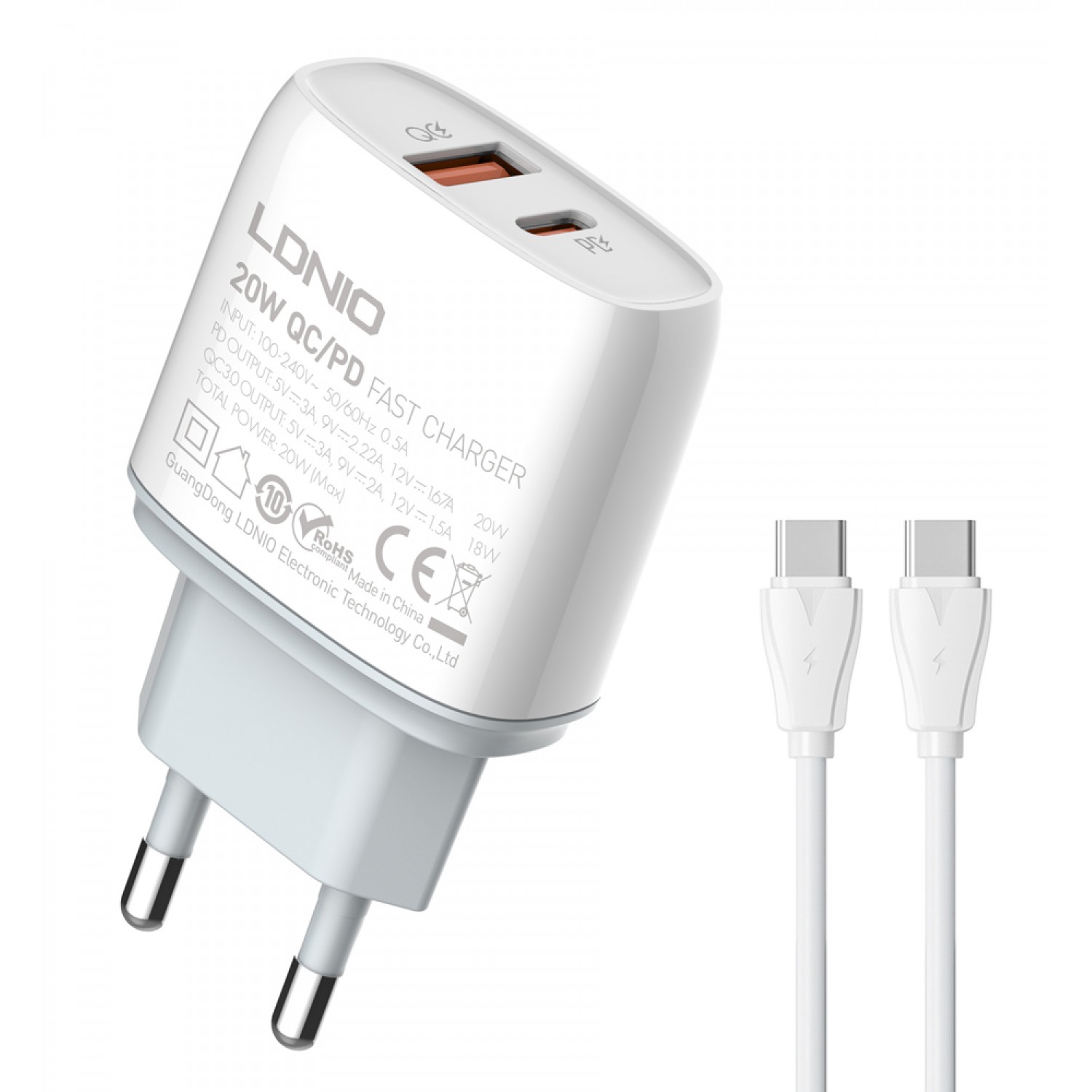 LDNIO φορτιστής τοίχου Q229 με καλώδιο, USB & USB-C, 20W PD, λευκός LDNIO φορτιστής τοίχου Q229 με καλώδιο, USB & USB-C, 20W PD, λευκός