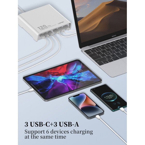LDNIO σταθμός φόρτισης Q605, 3x USB-C & 3x USB, 120W, PD/QC, λευκός LDNIO σταθμός φόρτισης Q605, 3x USB-C & 3x USB, 120W, PD/QC, λευκός