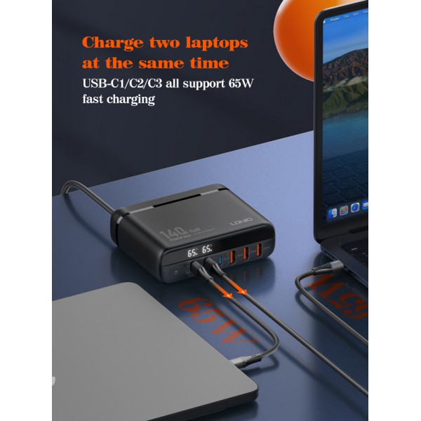 LDNIO σταθμός φόρτισης A6140C, 3x USB-C/3x USB, 140W, PD/QC, GaN, μαύρος LDNIO σταθμός φόρτισης A6140C, 3x USB-C/3x USB, 140W, PD/QC, GaN, μαύρος