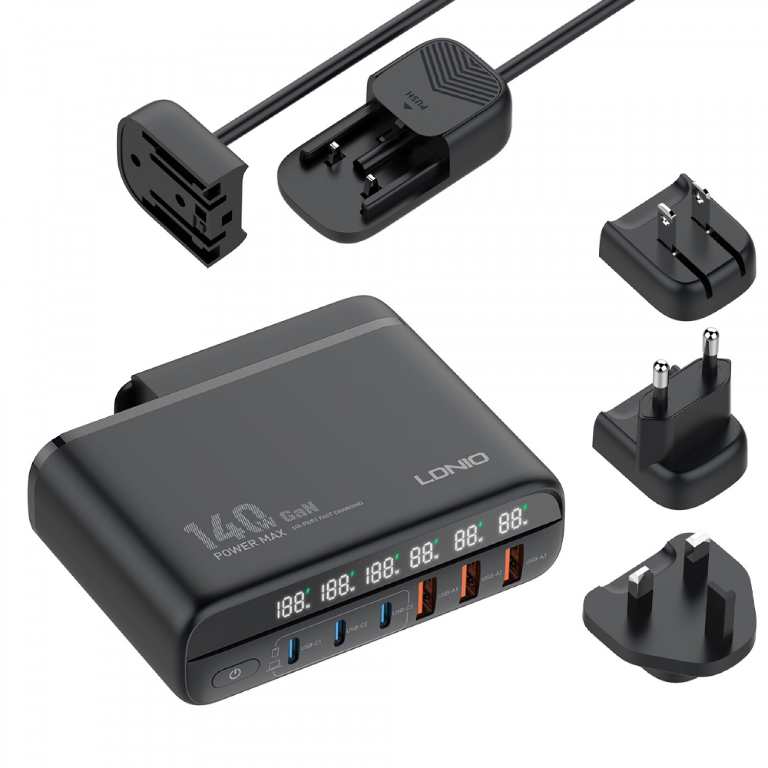 LDNIO σταθμός φόρτισης A6140C, 3x USB-C/3x USB, 140W, PD/QC, GaN, μαύρος LDNIO σταθμός φόρτισης A6140C, 3x USB-C/3x USB, 140W, PD/QC, GaN, μαύρος