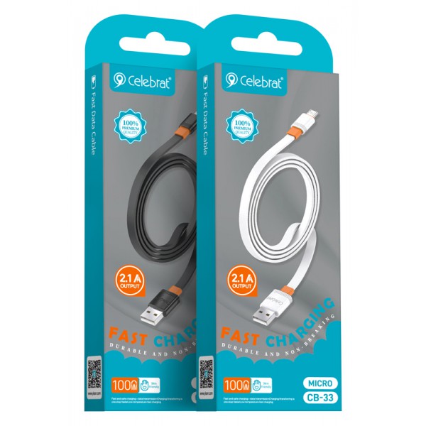 CELEBRAT καλώδιο micro USB σε USB CB-33M, flat, 2.1A, 1m, μαύρο CELEBRAT καλώδιο micro USB σε USB CB-33M, flat, 2.1A, 1m, μαύρο