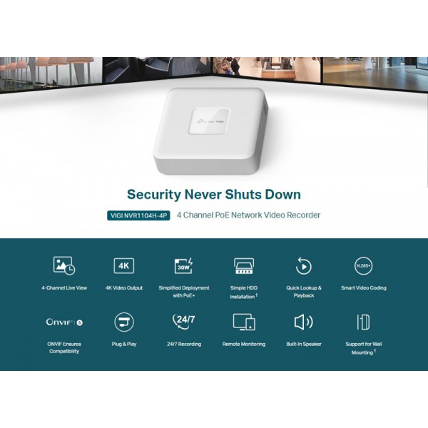 TP-LINK NVR καταγραφικό VIGI NVR1104H-4P, 8MP, 4 κανάλια PoE+, Ver. 1.0