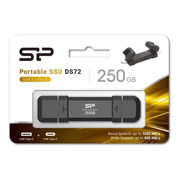 SILICON POWER USB Flash Drive DS72, USB/USB-C, 250GB 1050/850MBps, μαύρο SILICON POWER USB Flash Drive DS72, USB/USB-C, 250GB 1050/850MBps, μαύρο