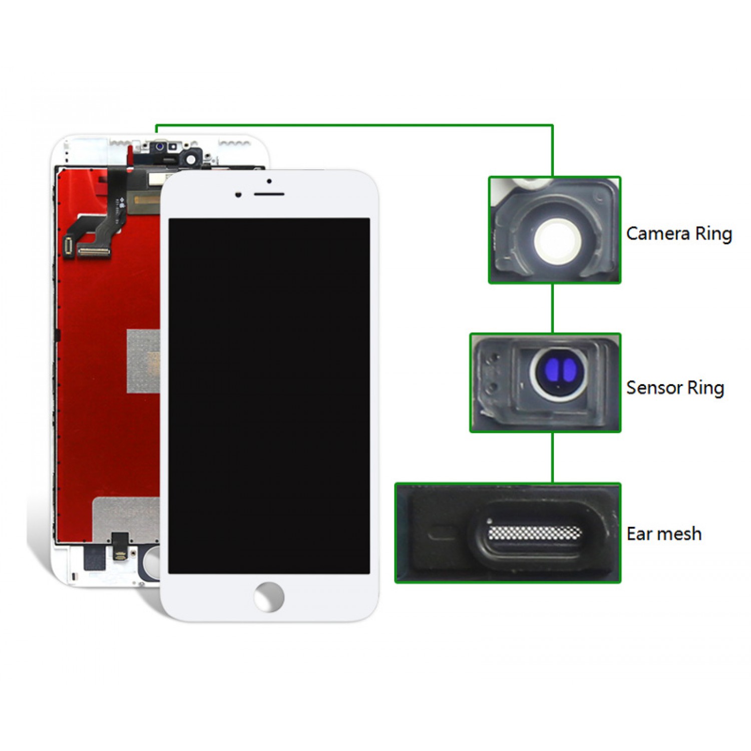 TIANMA High Copy LCD για iPhone 6S, Camera-Sensor ring, ear mesh, White