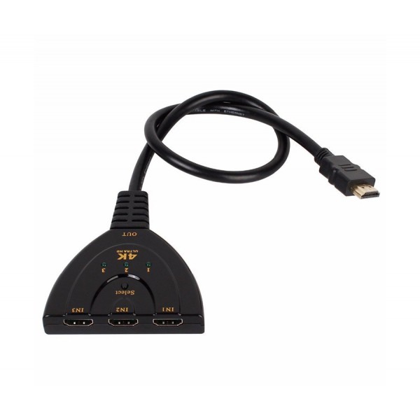 POWERTECH HDMI Switch 3x1 pigtail, 4K x 2K & 3D, 0.50m, Black