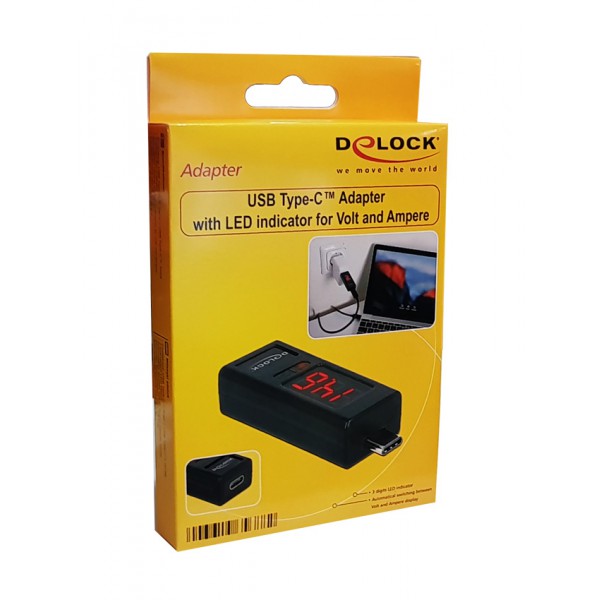 DELOCK Adapter Type-C male σε female, LED indicator για Voltage & Ampere