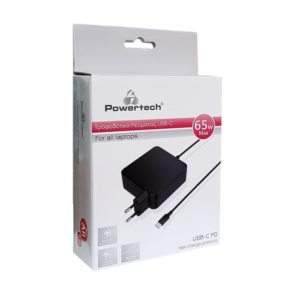 POWERTECH Φορτιστής laptop PT-703, USB Type-C PD, Universal, 65W, μαύρο