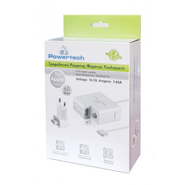 POWERTECH τροφοδοτικό laptop PT-289 για Apple, 60W, 16.5V/3.65A, λευκό