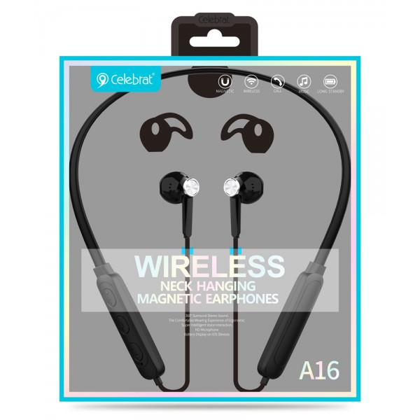 CELEBRAT Bluetooth earphones A16, με μαγνήτη, μικρόφωνο HD, μαύρα