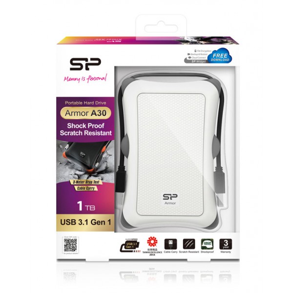 SILICON POWER εξωτερικός HDD Armor A30, 1TB, USB 3.1, λευκός
