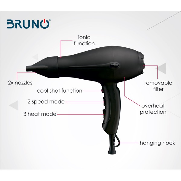 BRUNO Σεσουάρ μαλλιών BRN-0004, 2000W, με ιονιστή, 2x στόμια, AC motor BRUNO Σεσουάρ μαλλιών BRN-0004, 2000W, με ιονιστή, 2x στόμια, AC motor