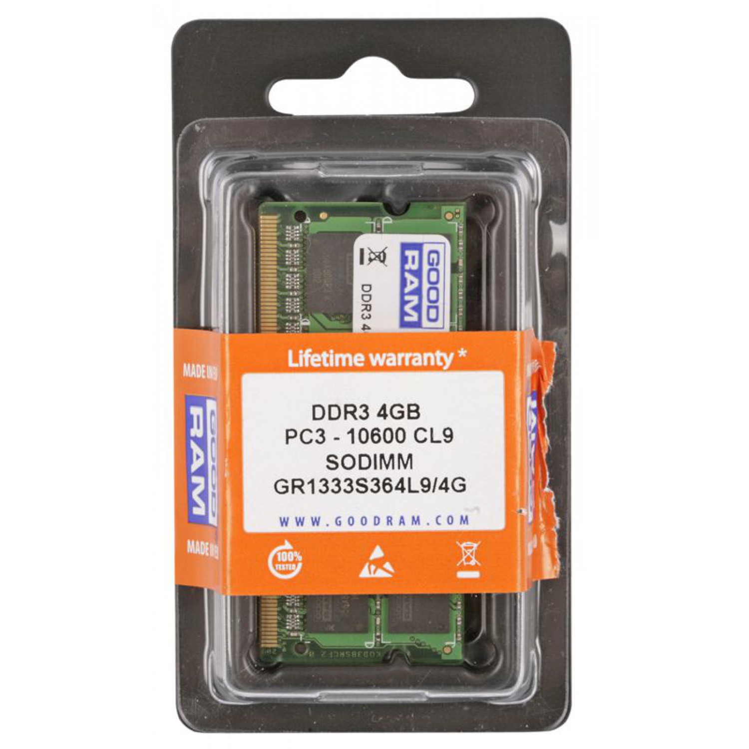 GOODRAM Μνήμη DDR3 SODIMM GR1333S364L9S-4G, 4GB, 1333MHz, PC3-10600, CL9 GOODRAM Μνήμη DDR3 SODIMM GR1333S364L9S-4G, 4GB, 1333MHz, PC3-10600, CL9