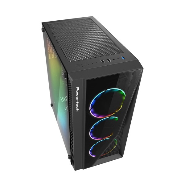 POWERTECH Gaming case PT-743, tempered glass, 4x 120mm fans (3x RGB)