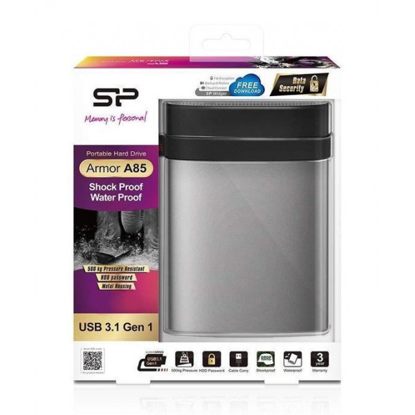SILICON POWER εξωτερικός HDD Armor A85, 1TB, USB 3.1, ασημί