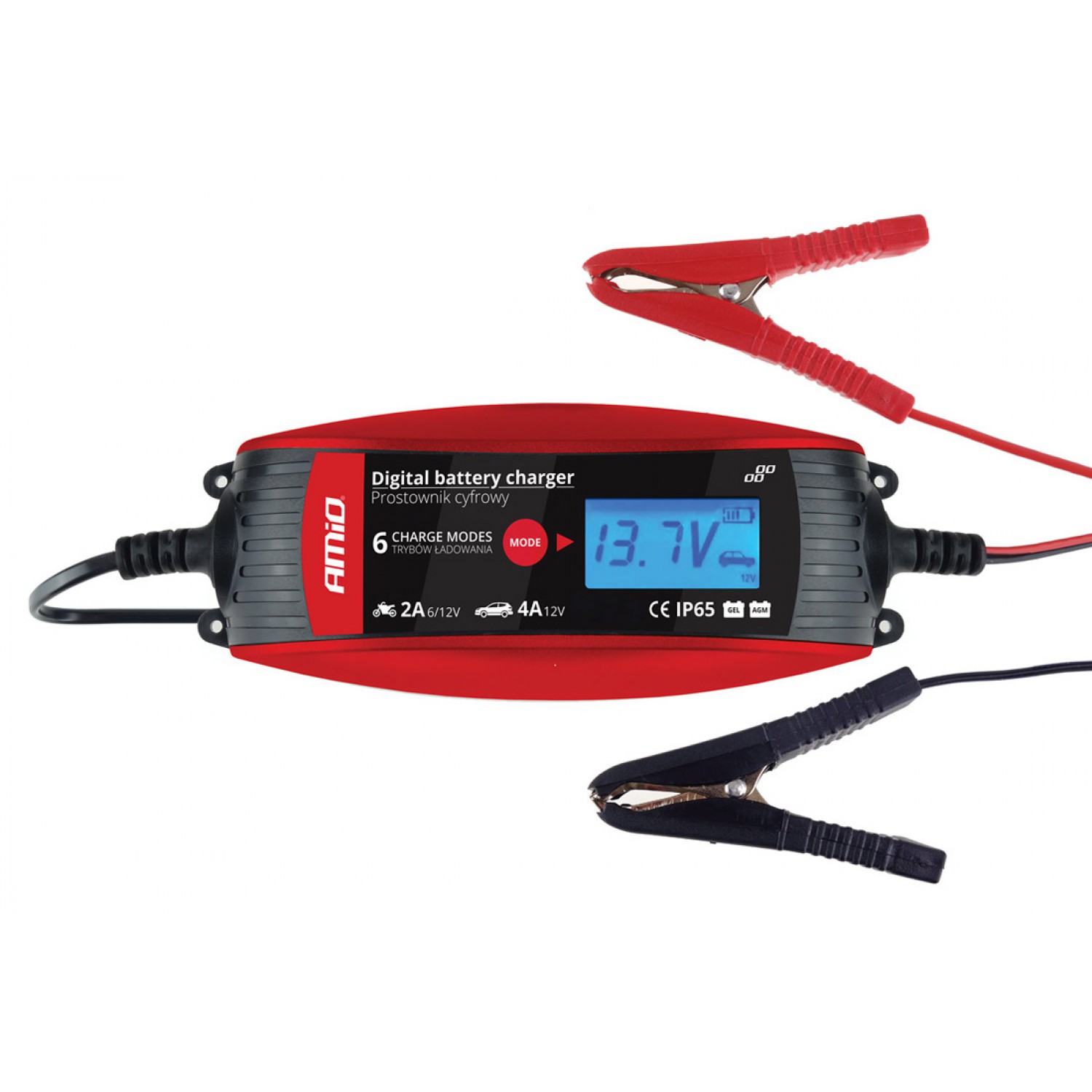AMIO Ψηφιακός φορτιστής μπαταριών οχημάτων 02088, 6V/12V, 2A/4A