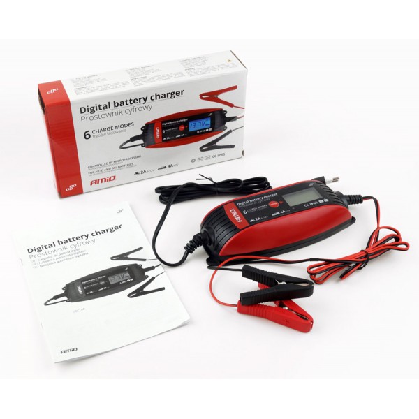 AMIO Ψηφιακός φορτιστής μπαταριών οχημάτων 02088, 6V/12V, 2A/4A