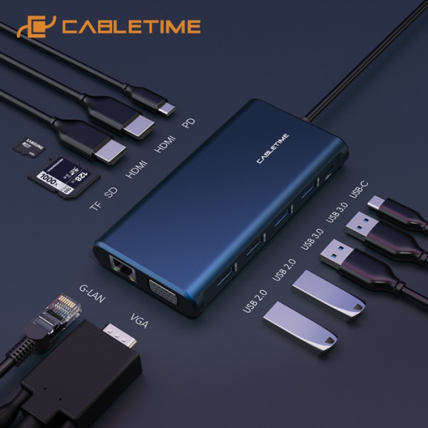 CABLETIME USB Type-C hub 12 σε 1 C160, 1000Mbps, 4K, 100W, μπλε CABLETIME USB Type-C hub 12 σε 1 C160, 1000Mbps, 4K, 100W, μπλε