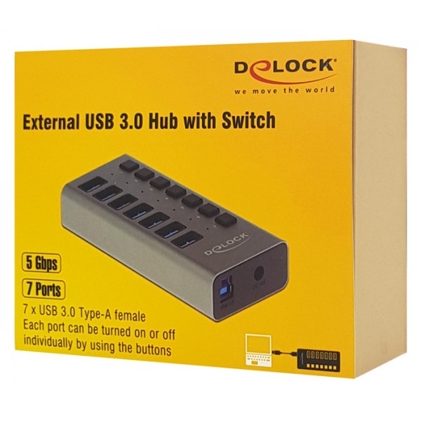 DELOCK hub 7x USB με διακόπτες 63975, USB 3.0, 5Gbps, 3Α, LED, γκρι DELOCK hub 7x USB με διακόπτες 63975, USB 3.0, 5Gbps, 3Α, LED, γκρι