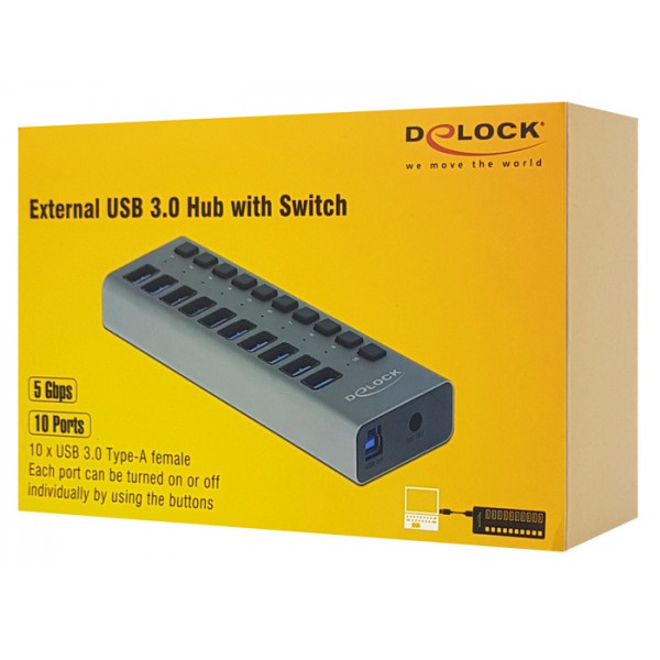 DELOCK hub 10x USB με διακόπτες 63976, USB 3.0, 5Gbps, 4A, LED, γκρι DELOCK hub 10x USB με διακόπτες 63976, USB 3.0, 5Gbps, 4A, LED, γκρι